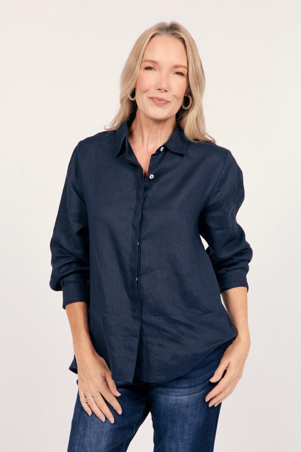 Oversized Linen Boyfriend Shirt in Navy