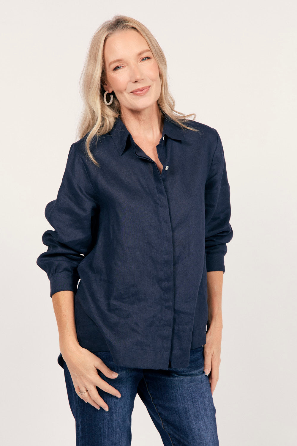 Oversized Linen Boyfriend Shirt in Navy