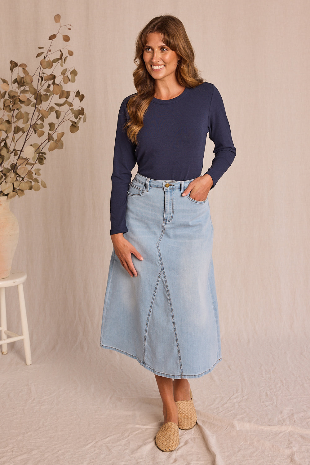 Adrift Denim Midi Skirt in Light Wash Cotton Stretch A Line Silhouette Adrift Clothing