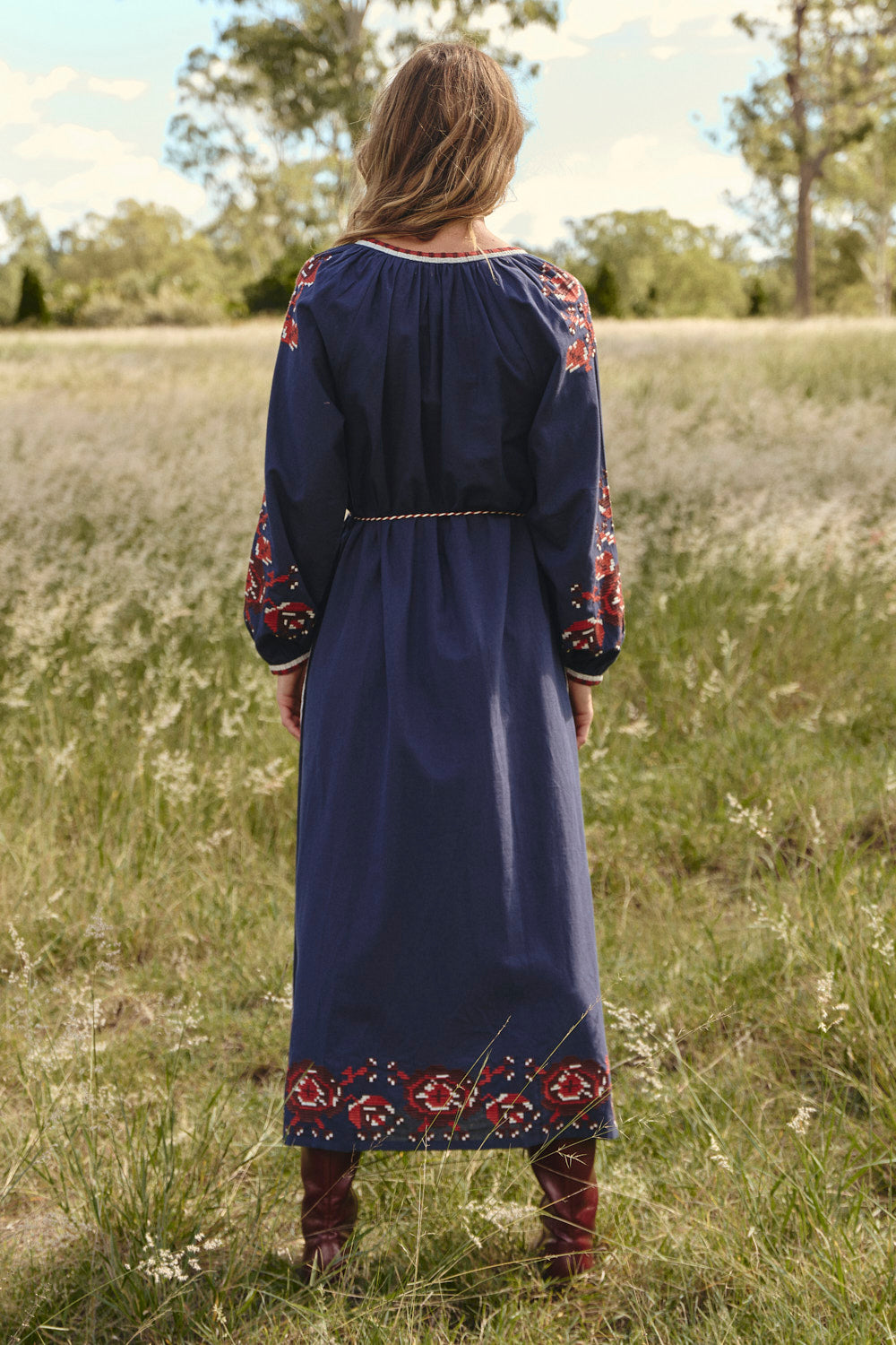 Robin Belted Dress in Navy Nomad featuring pockets, front split and button cuffs, designed in Brisbane Australia