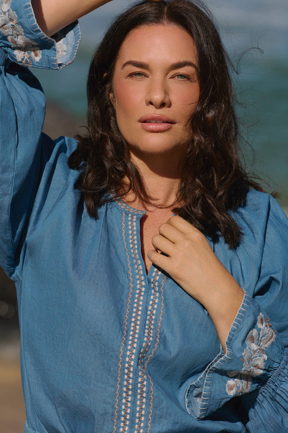 Robin Chambray Frill Blouse in Eterna