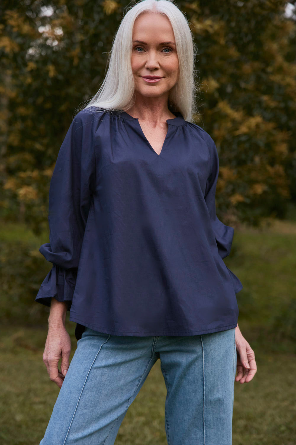 Robin Frill Cuff Top in Navy Poplin