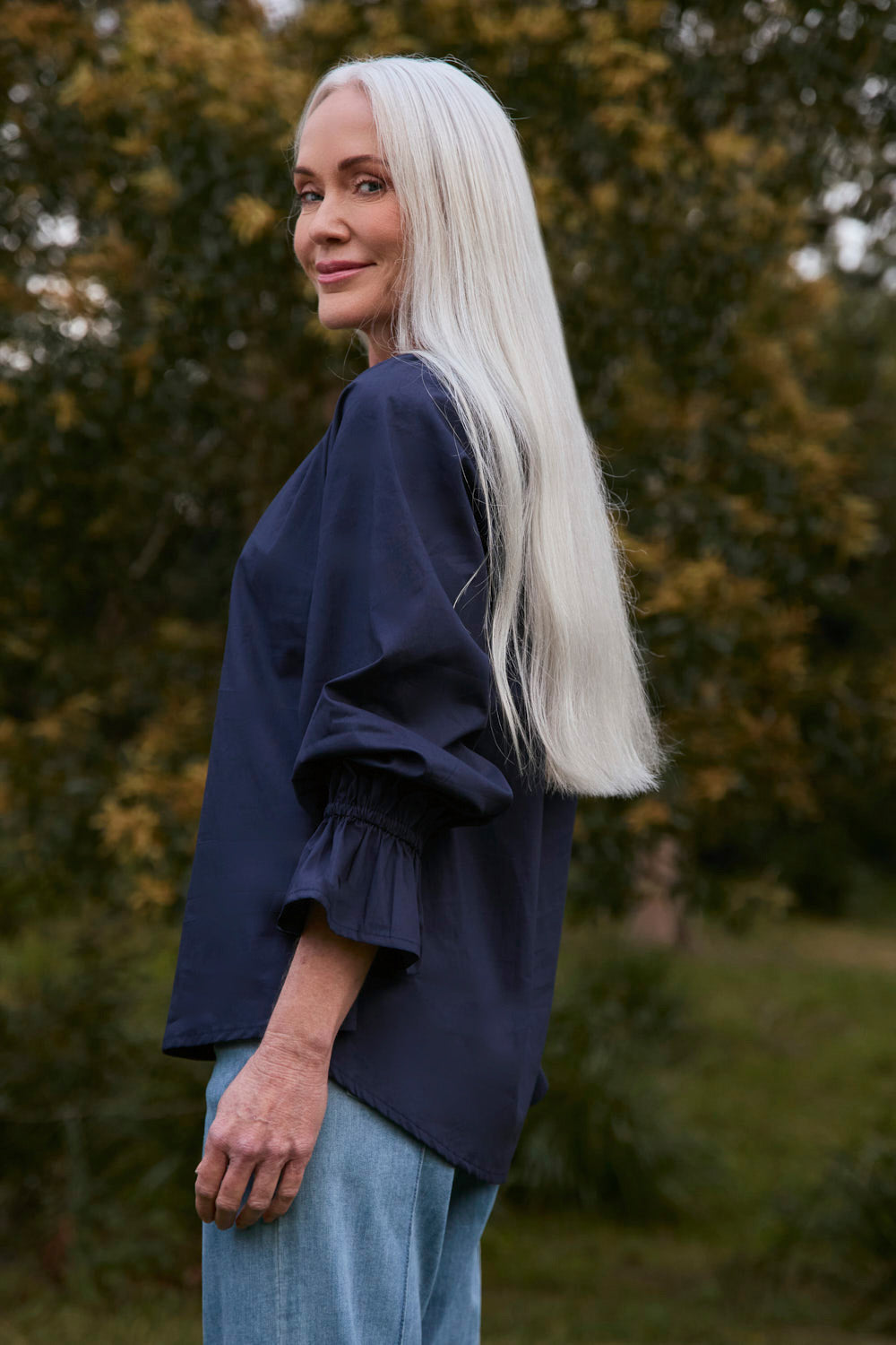 Robin Frill Cuff Top in Navy Poplin