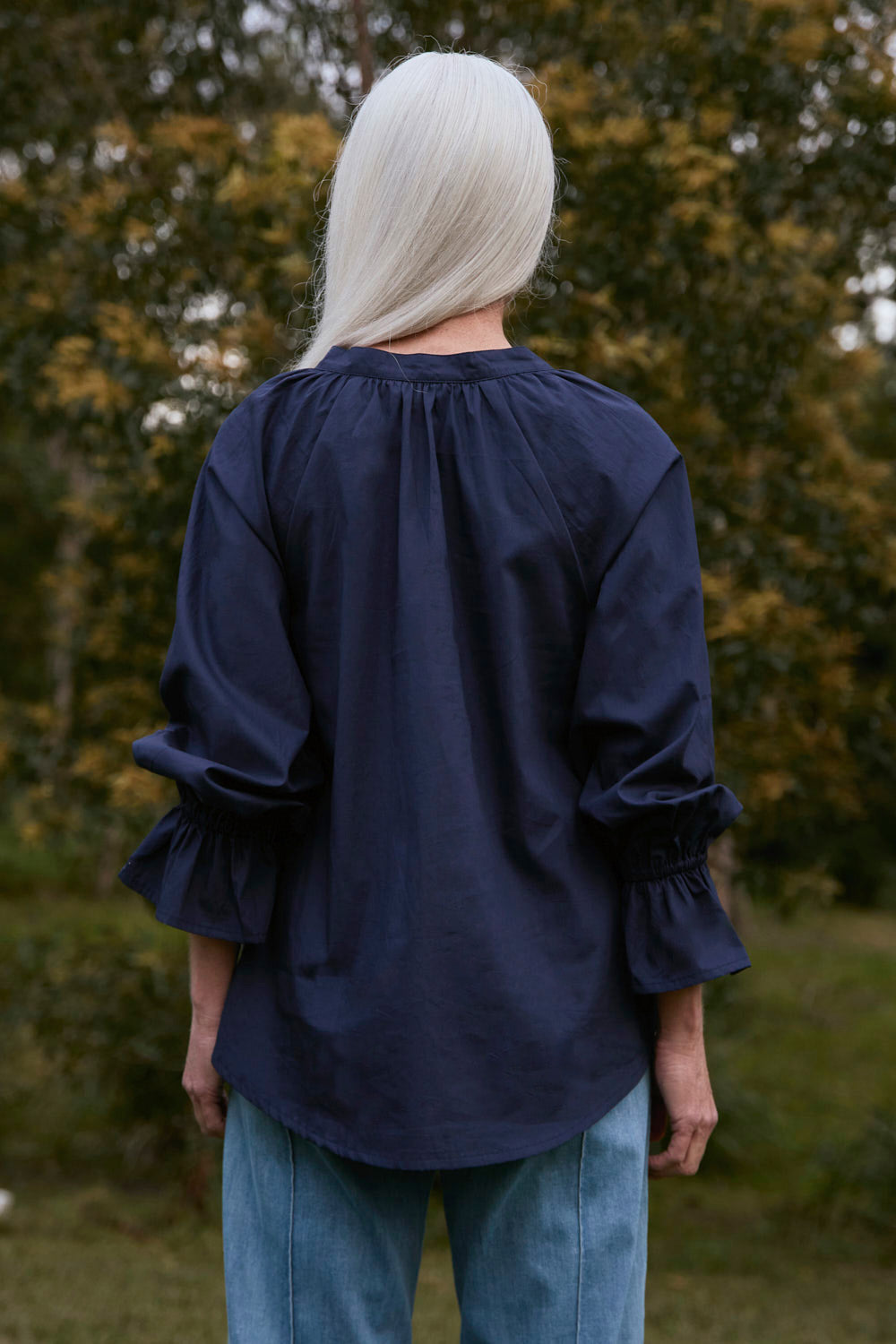 Robin Frill Cuff Top in Navy Poplin