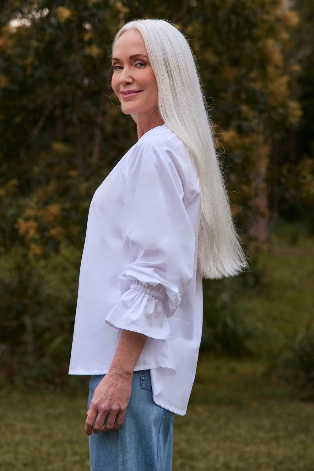 Robin Frill Cuff Top in White Poplin