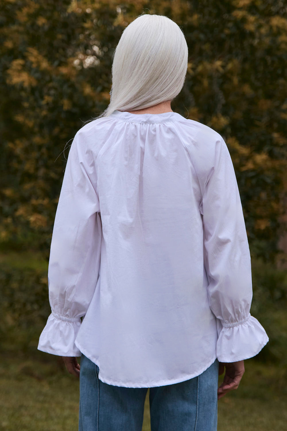 Robin Frill Cuff Top in White Poplin