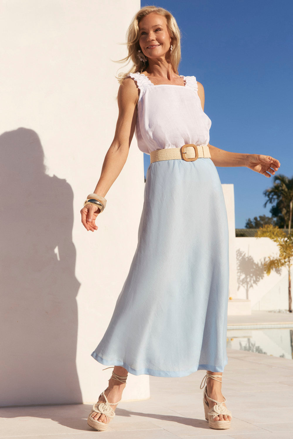 Sabina Linen Skirt in Powder Blue | Adrift Clothing