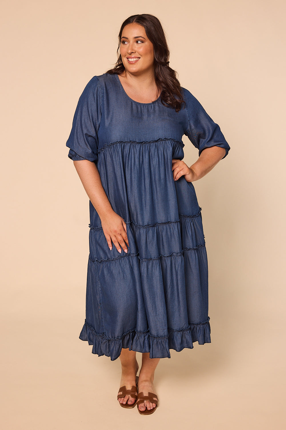 Sabre Frill 3/4 Sleeve Maxi Tencel Dress in Mid Wash, Maxi Dress - Adrift Clothing