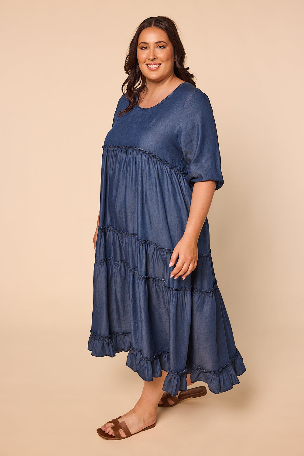 Sabre Frill 3/4 Sleeve Maxi Tencel Dress in Mid Wash, Maxi Dress - Adrift Clothing