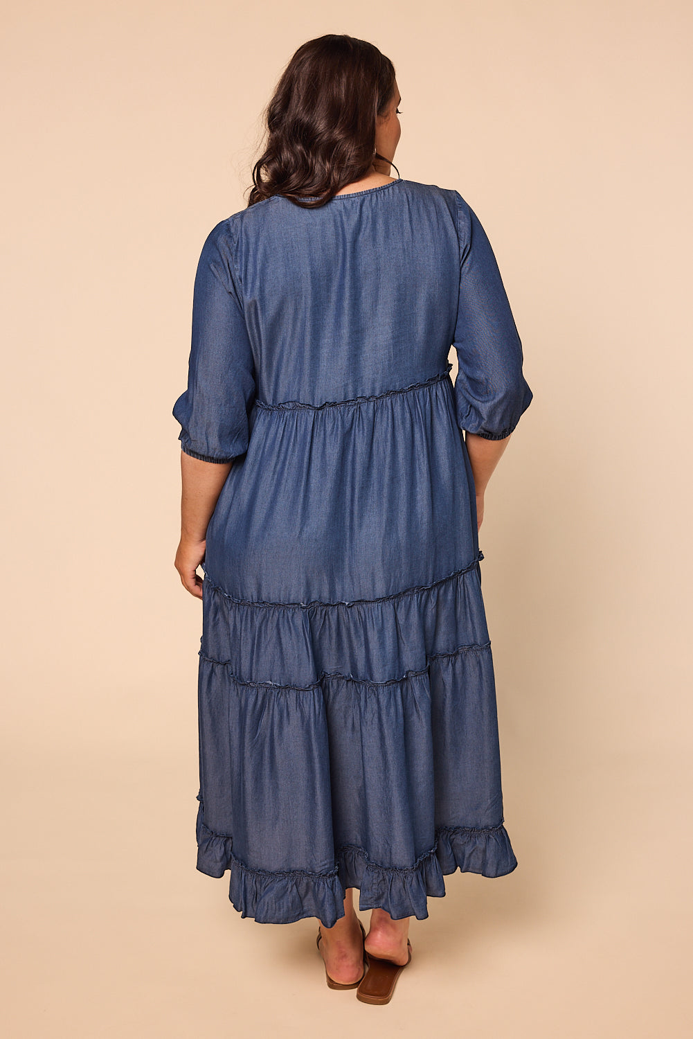 Sabre Frill 3/4 Sleeve Maxi Tencel Dress in Mid Wash, Maxi Dress - Adrift Clothing