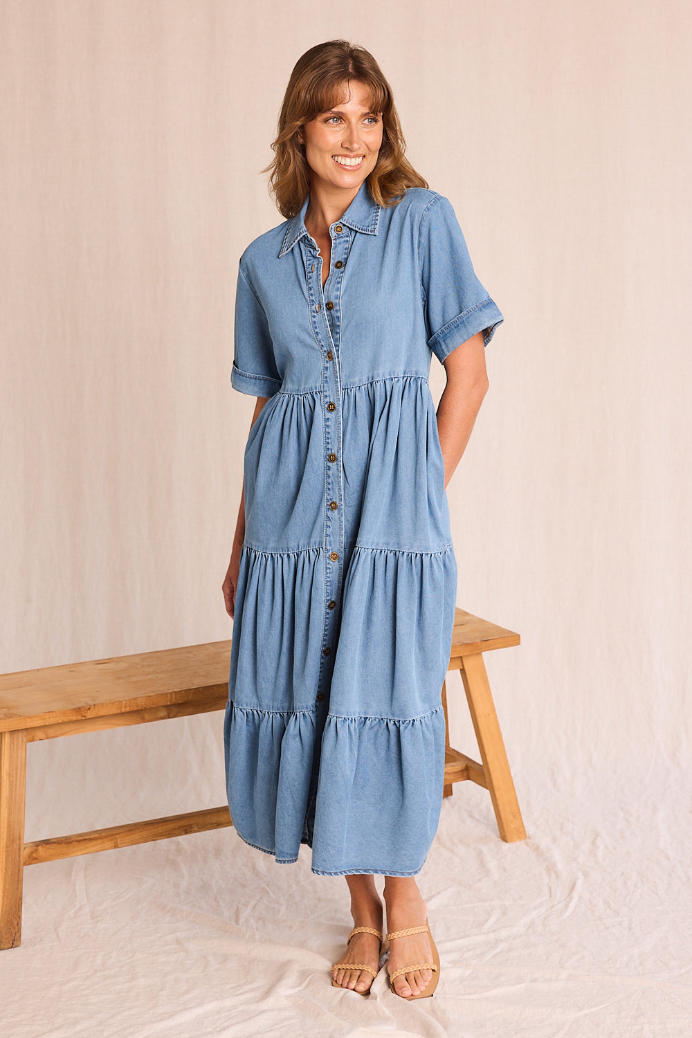 Sabre Chambray Button Through Dress in Light Wash