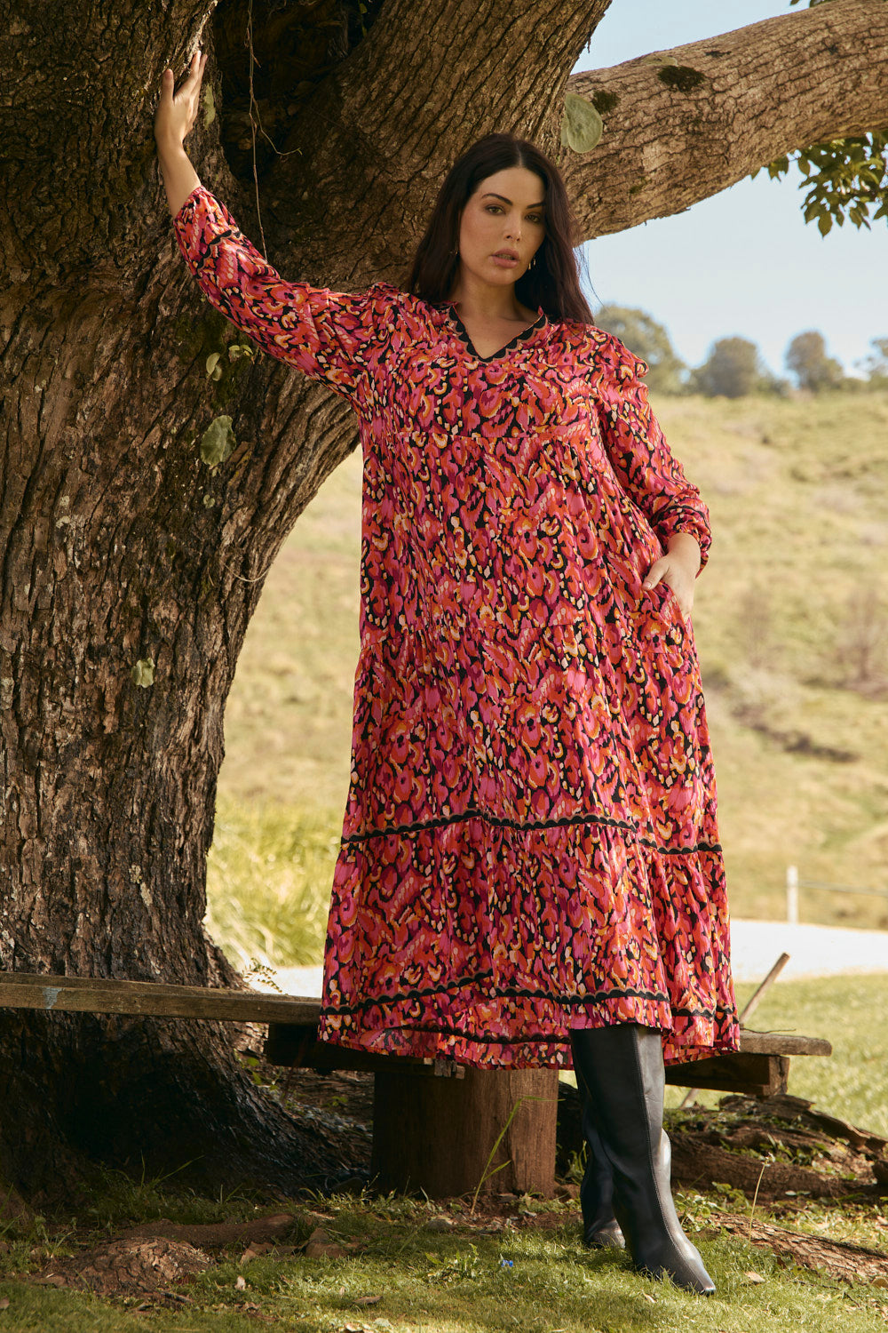 Sabre V-Neck Maxi Dress in Wild Ember