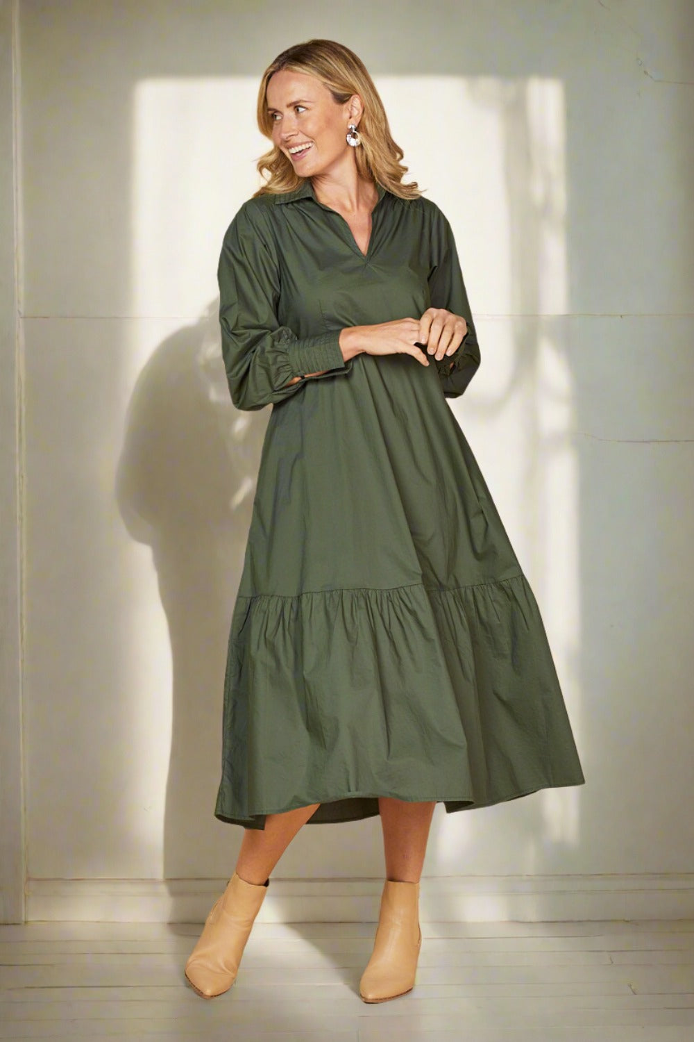 Sabre V Neck Poplin Dress in Bottle Green Adrift Clothing