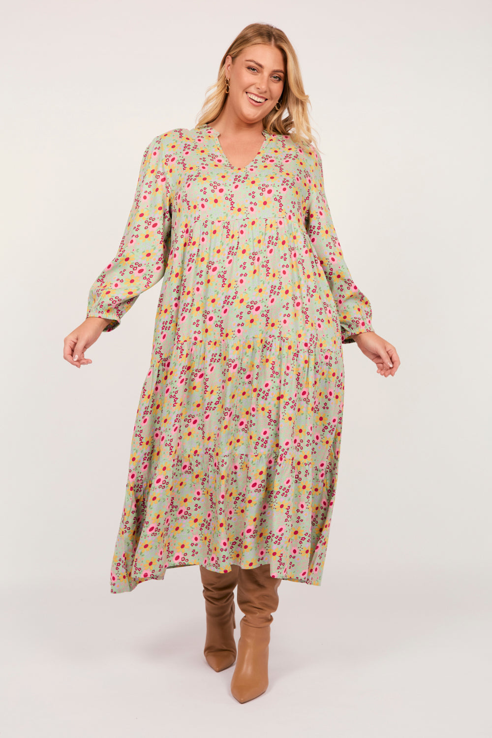 Sabre V-Neck Long Sleeve Dress in Autumn Posy