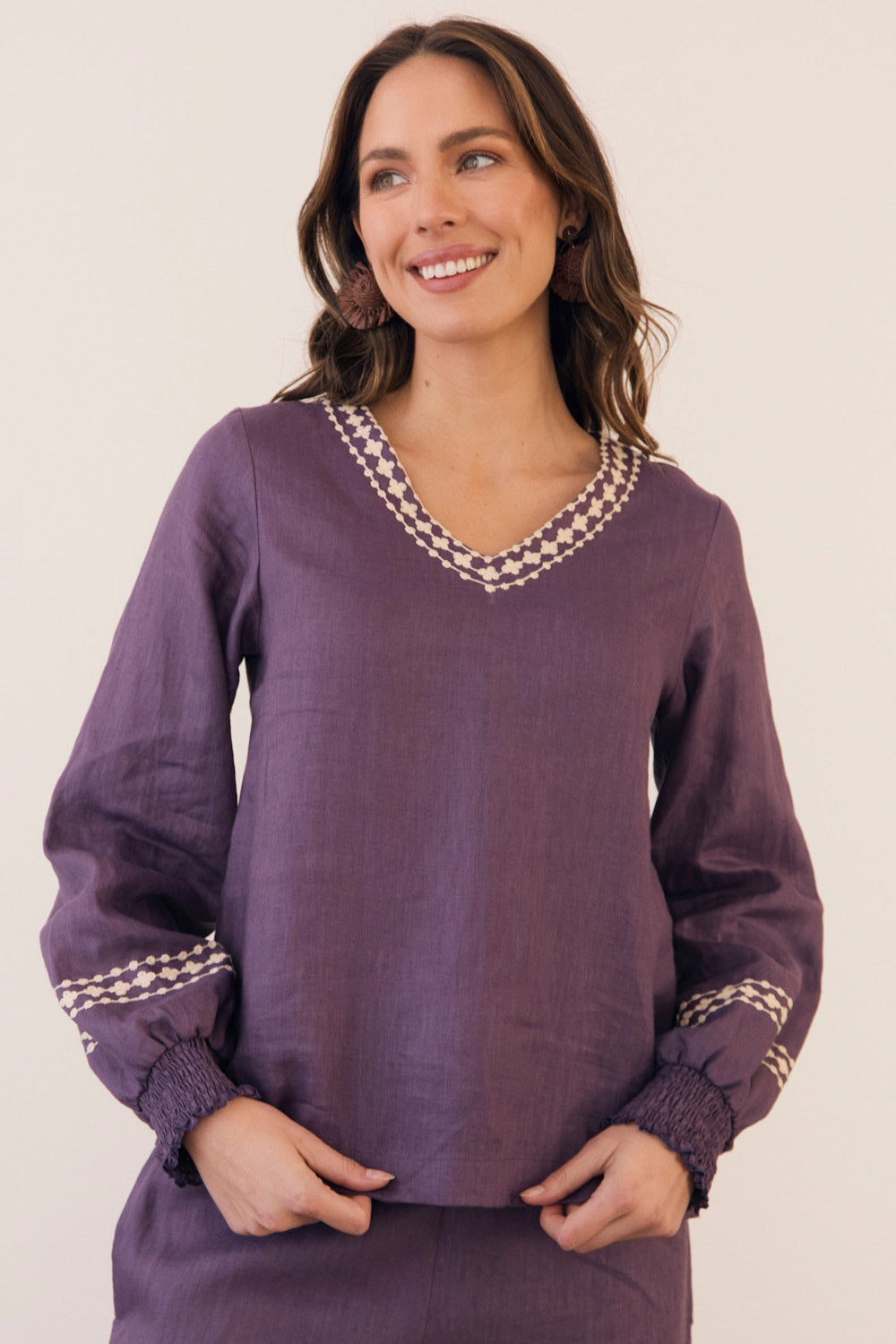 Samara Long Sleeve Linen Blouse in Merlot Dream