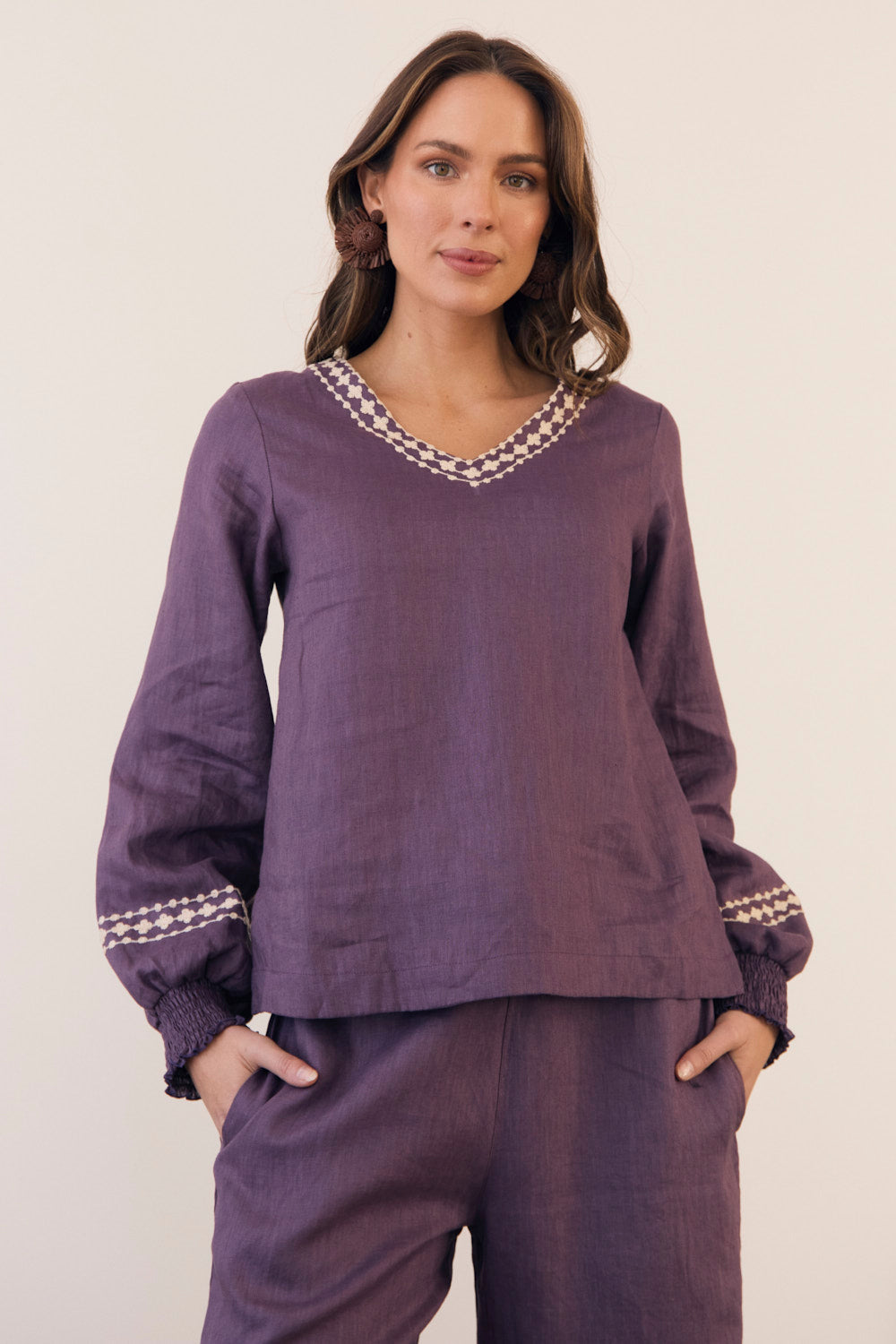 Samara Long Sleeve Linen Blouse in Merlot Dream
