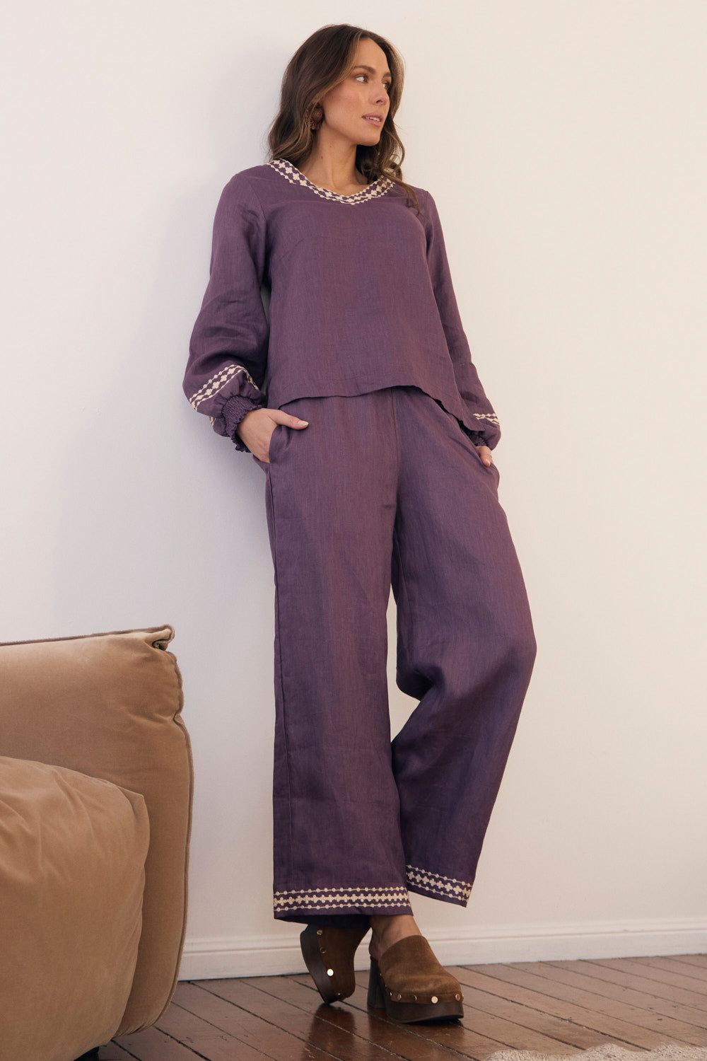 Camille Linen Wide Leg Pant in Merlot Dream