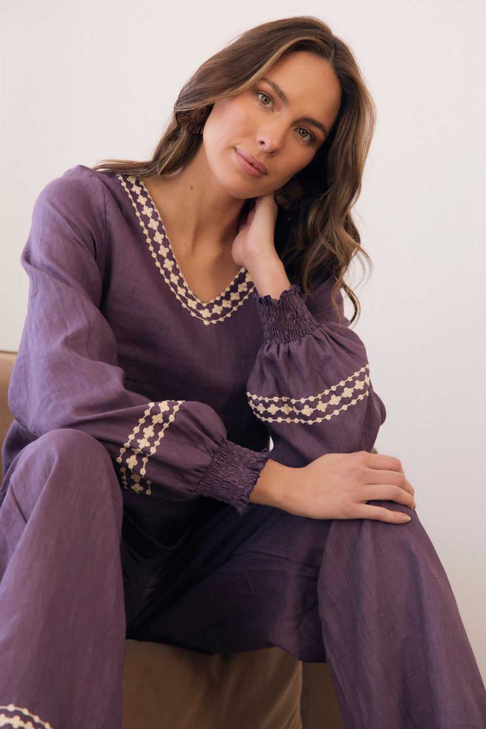 Camille Linen Wide Leg Pant in Merlot Dream