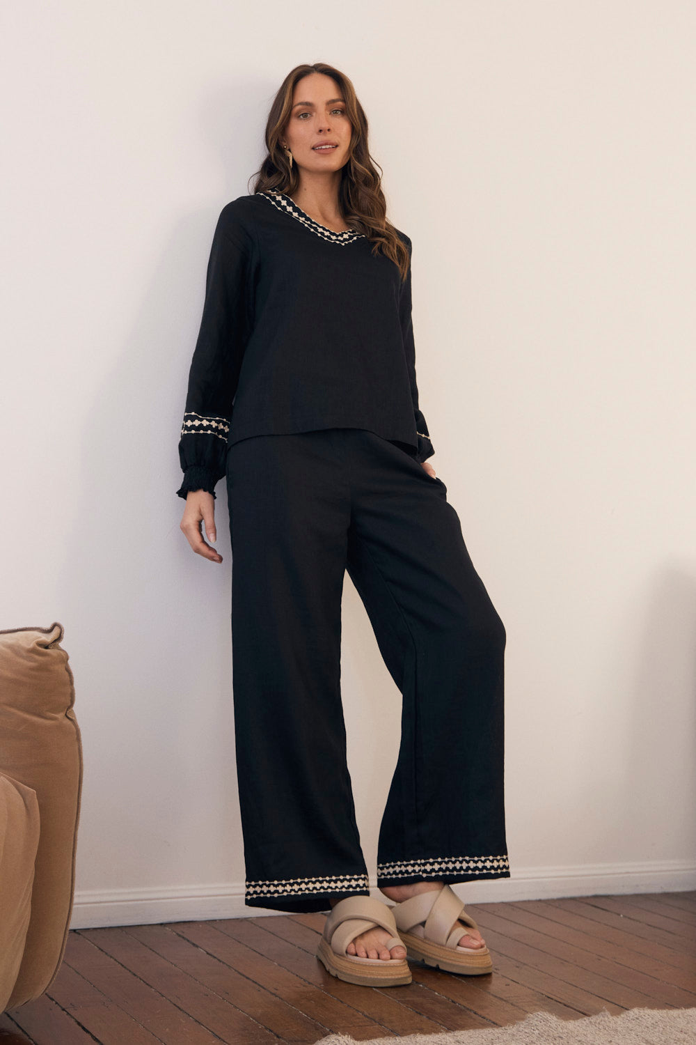 Camille Linen Wide Leg Pant in Moonlit Noir