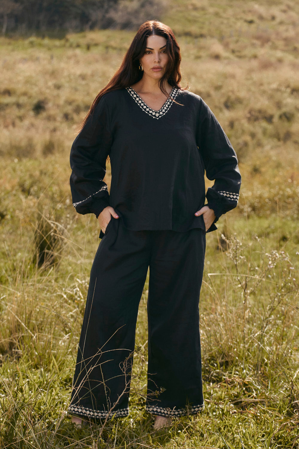 Camille Linen Wide Leg Pant in Moonlit Noir, Pant - Adrift Clothing