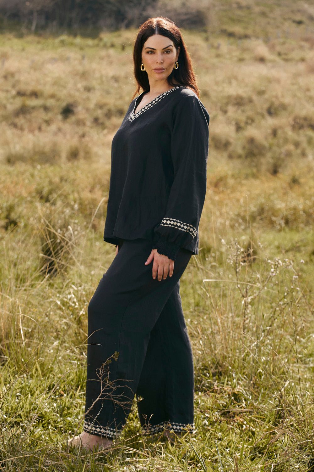 Camille Linen Wide Leg Pant in Moonlit Noir