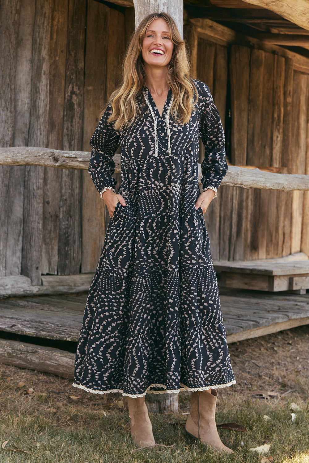 Savannah Tiered Dress in Wild Jasmine featuring long sleeves with elasticated cuffs, Australian womenswear by Adrift