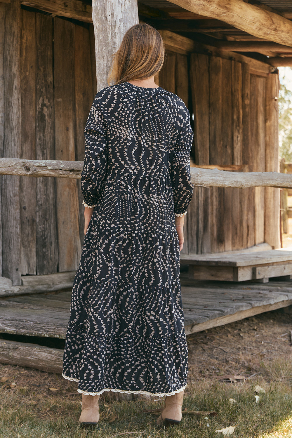 Savannah Tiered Dress in Wild Jasmine layered or worn alone from day to evening, Adrift Clothing