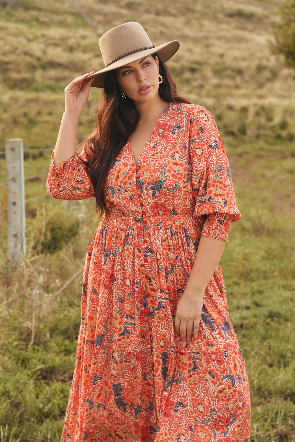 Savelle Long Sleeve Dress in Crimson Haze, Midi Dress - Adrift Clothing