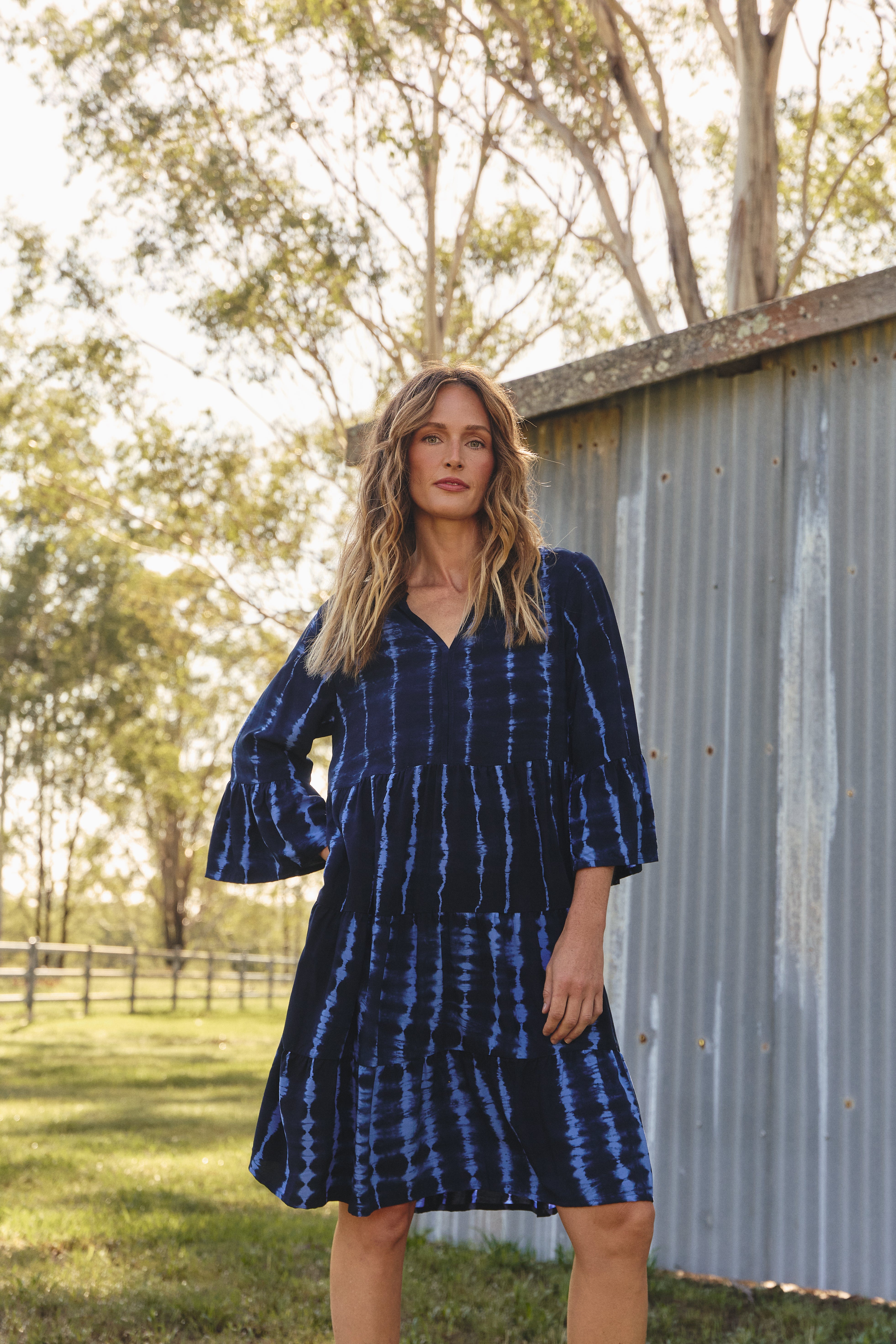 Scout Bell Sleeve Dress in Shibori Tide featuring pockets, Adrift Clothing
