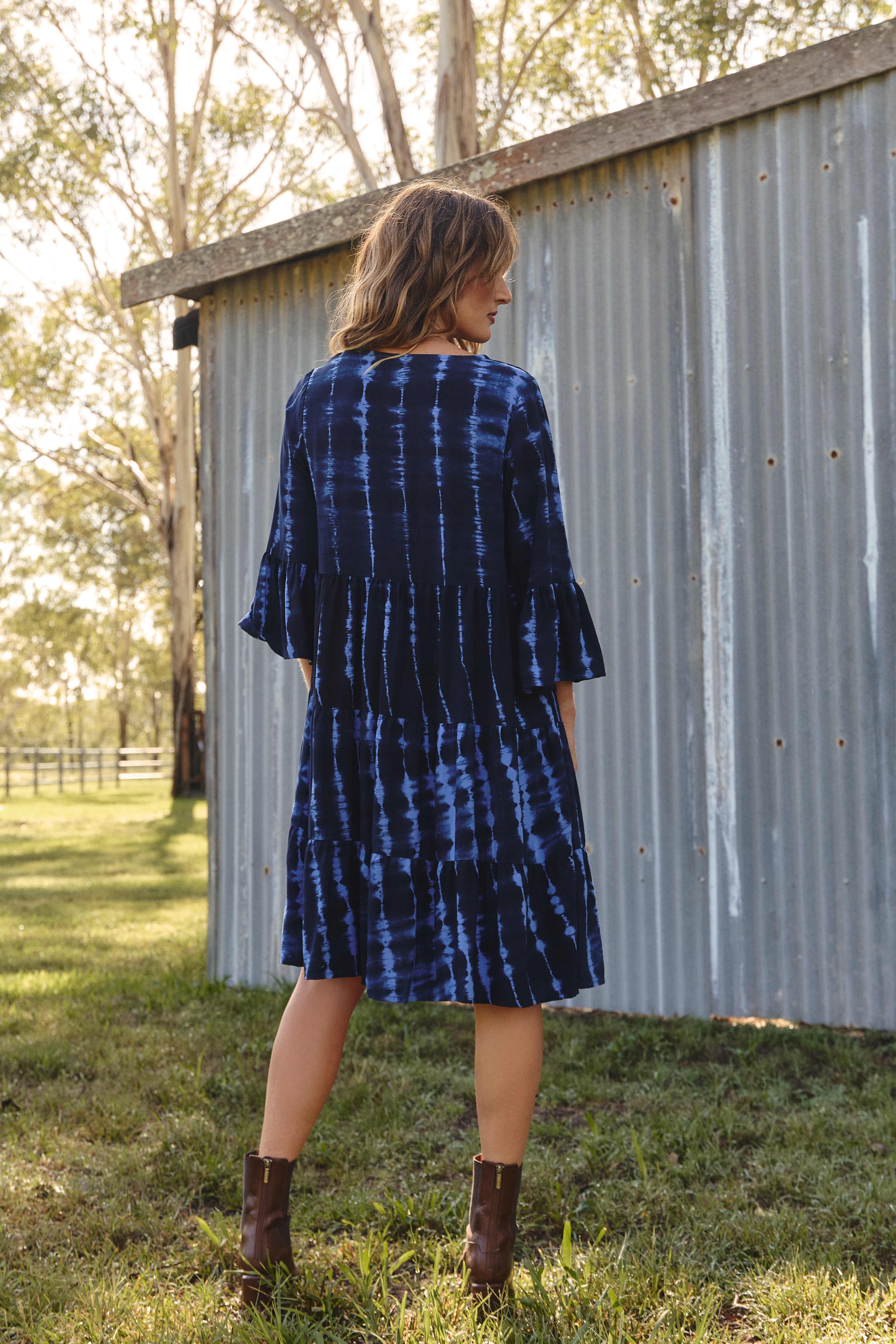 Scout Bell Sleeve Dress in Shibori Tide in light fluid rayon, designed in Brisbane Australia