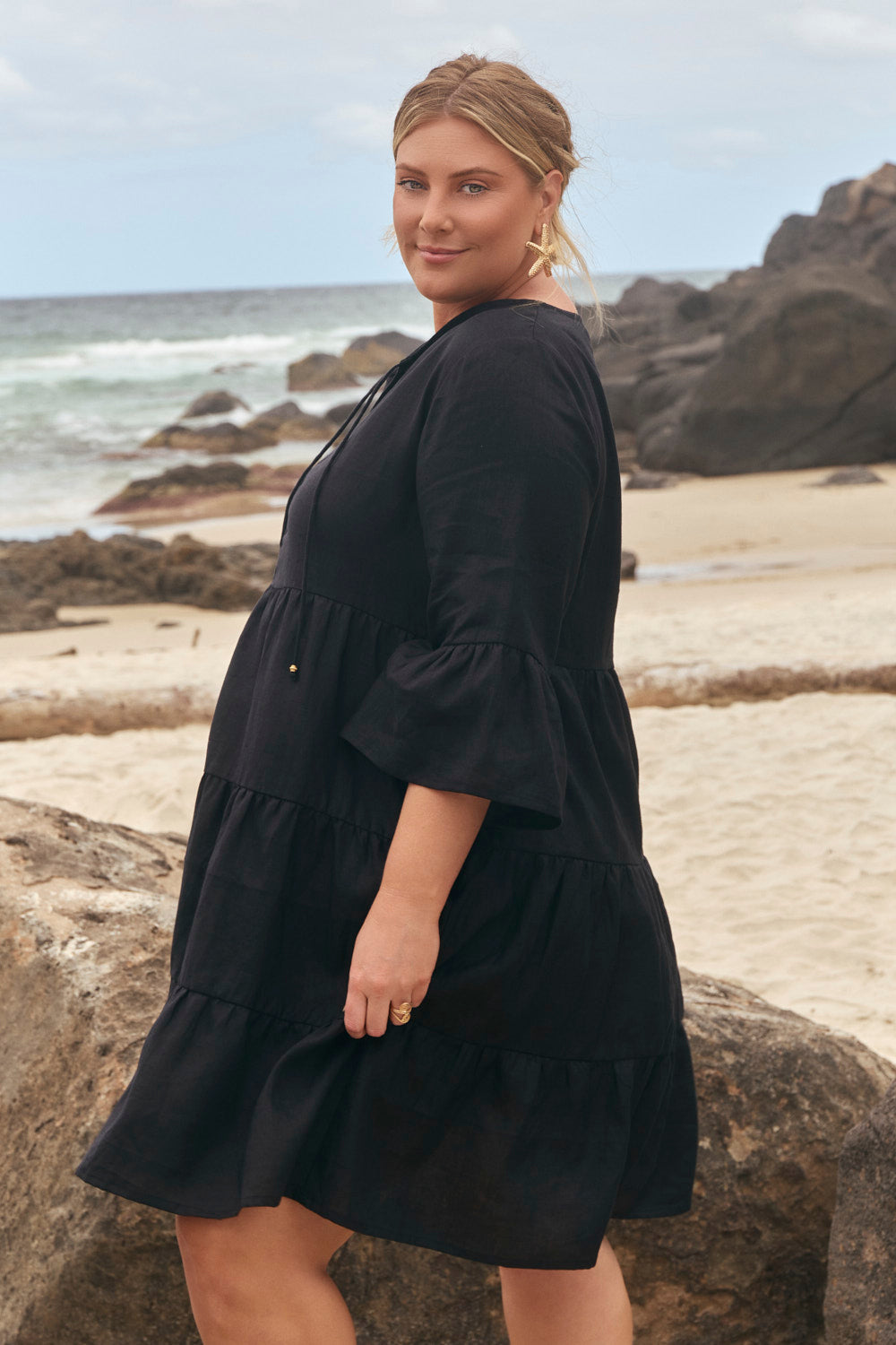 Scout Linen Bell Sleeve Dress in Black