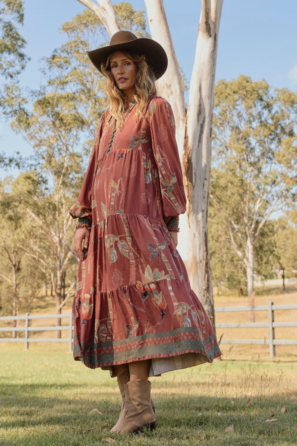 Sienna Billow Sleeve Dress in Outback featuring tiered skirt and pockets, Australian womenswear by Adrift