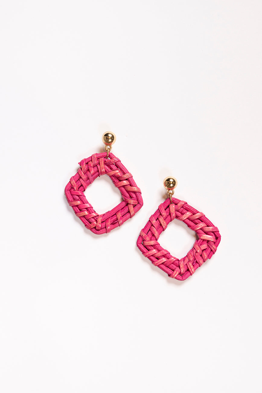 Square Raffia Earrings in Hot Pink
