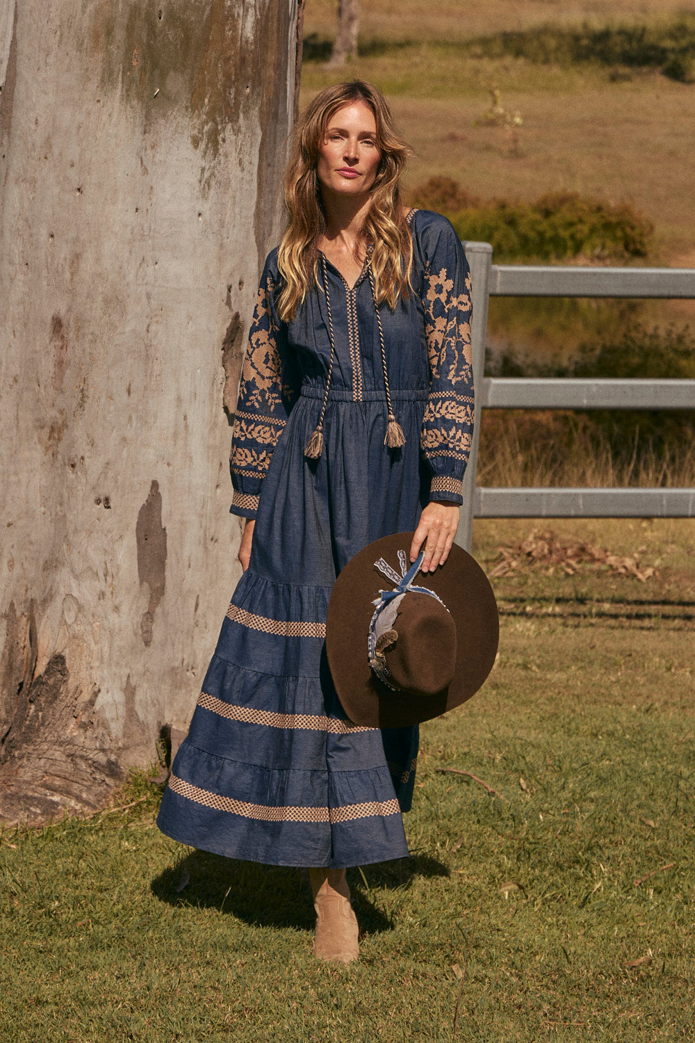 Tabitha Embroidered Chambray Dress in Mid Wash