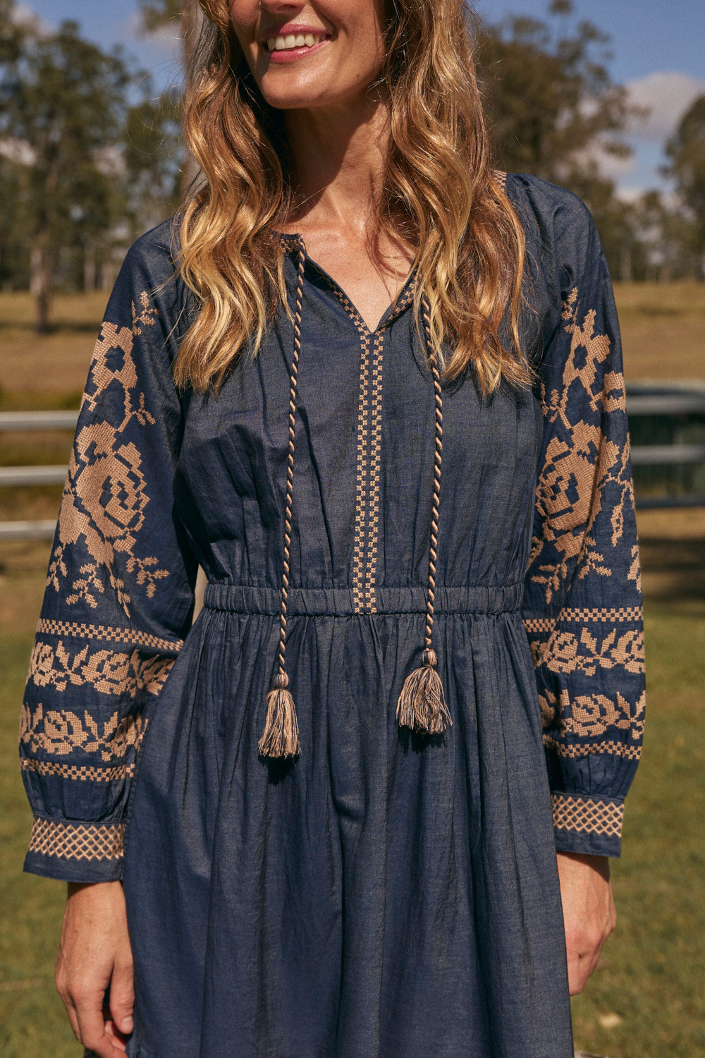 Tabitha Embroidered Chambray Dress in Mid Wash