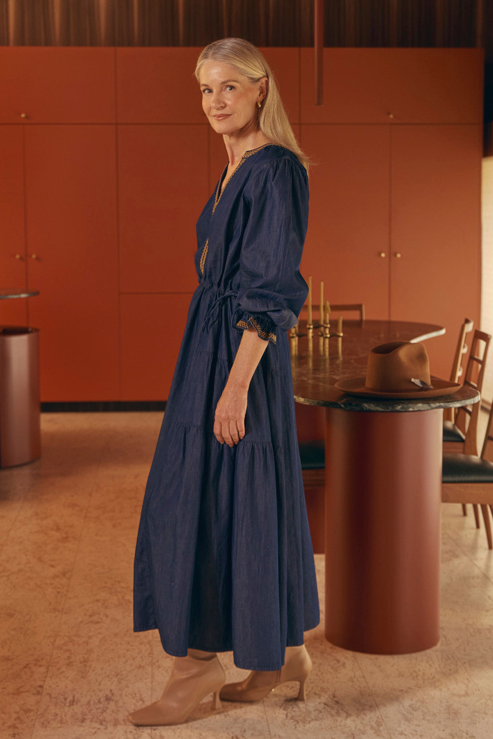 Tallulah Chambray Drawstring Dress in Dark Wash, Midi Dress - Adrift Clothing