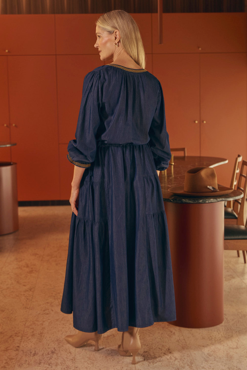 Tallulah Chambray Drawstring Dress in Dark Wash, Midi Dress - Adrift Clothing