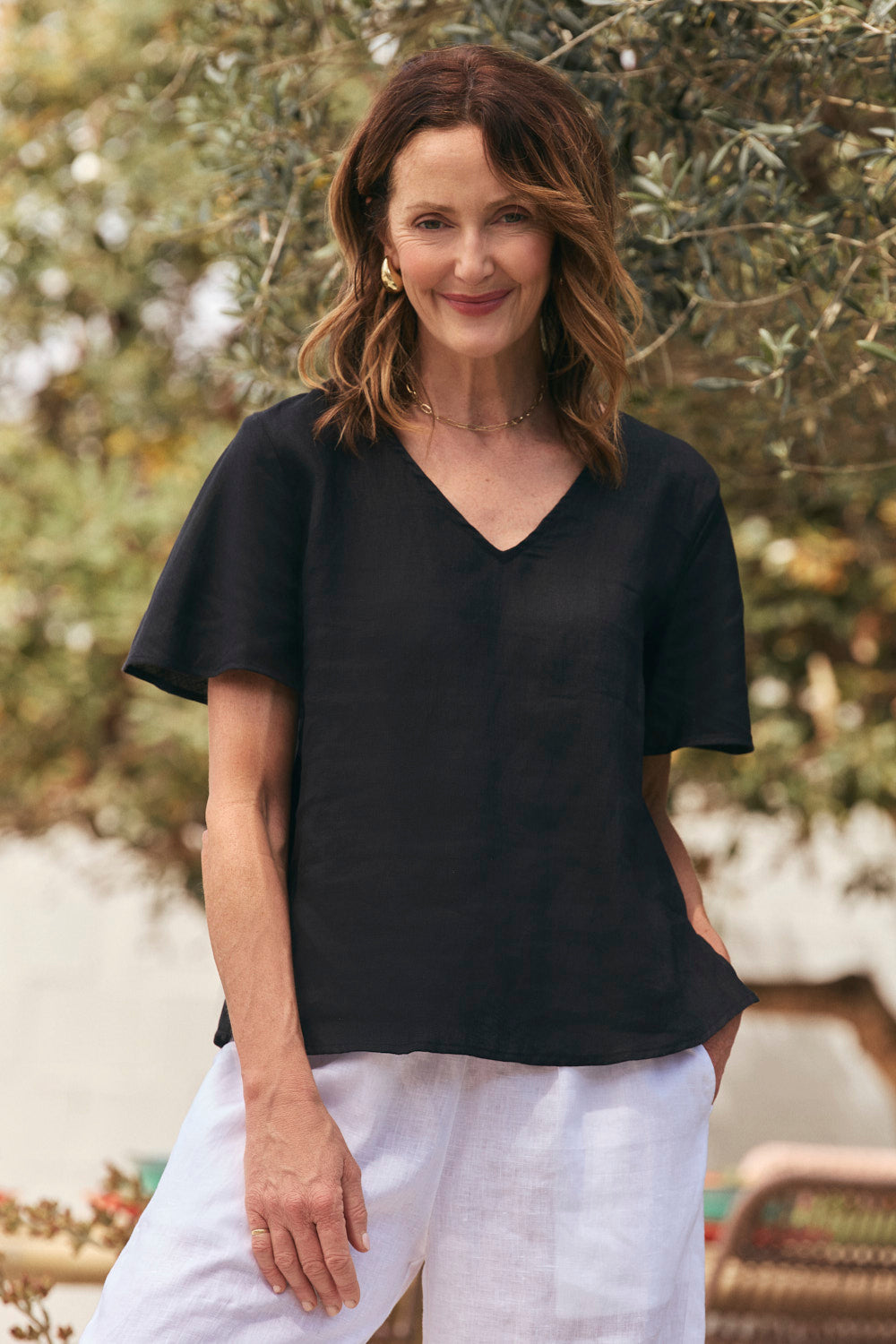 Tamara Flutter Sleeve Linen Top in Black