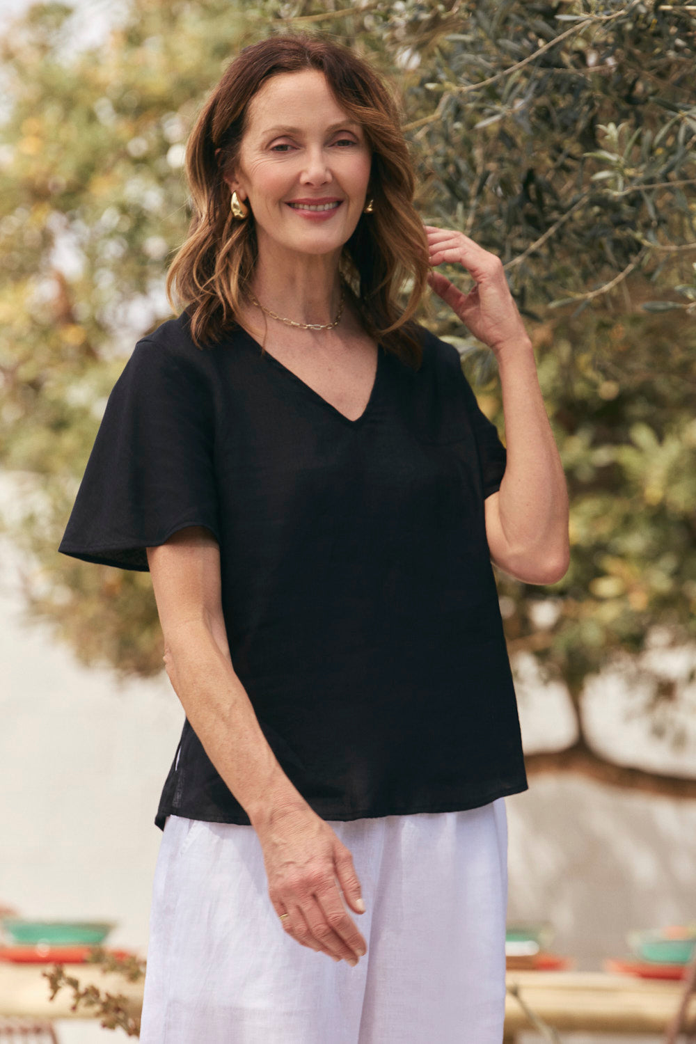 Tamara Flutter Sleeve Linen Top in Black