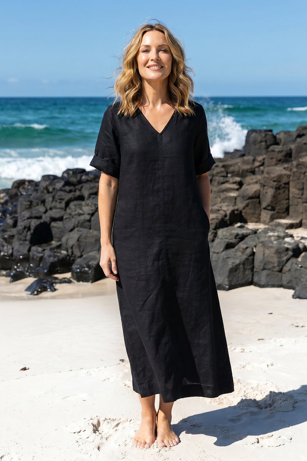 Tamara Linen V-Neck Dress in Black