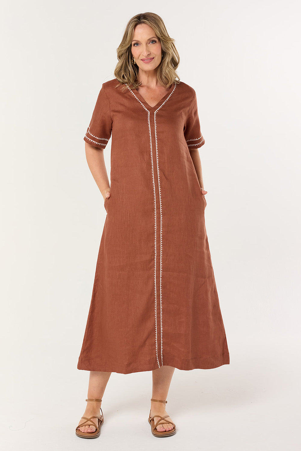 Tamara V-Neck Linen Dress in Dunes