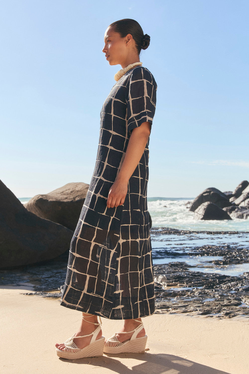 Tamara Linen V-Neck Dress in Woven Echo