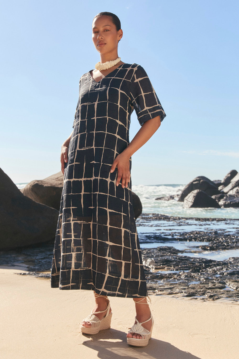 Tamara Linen V-Neck Dress in Woven Echo