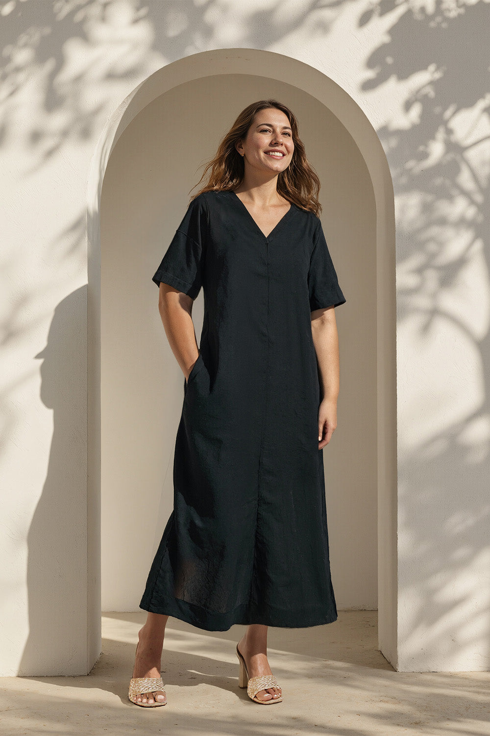 Tamara Linen V-Neck Dress in Black