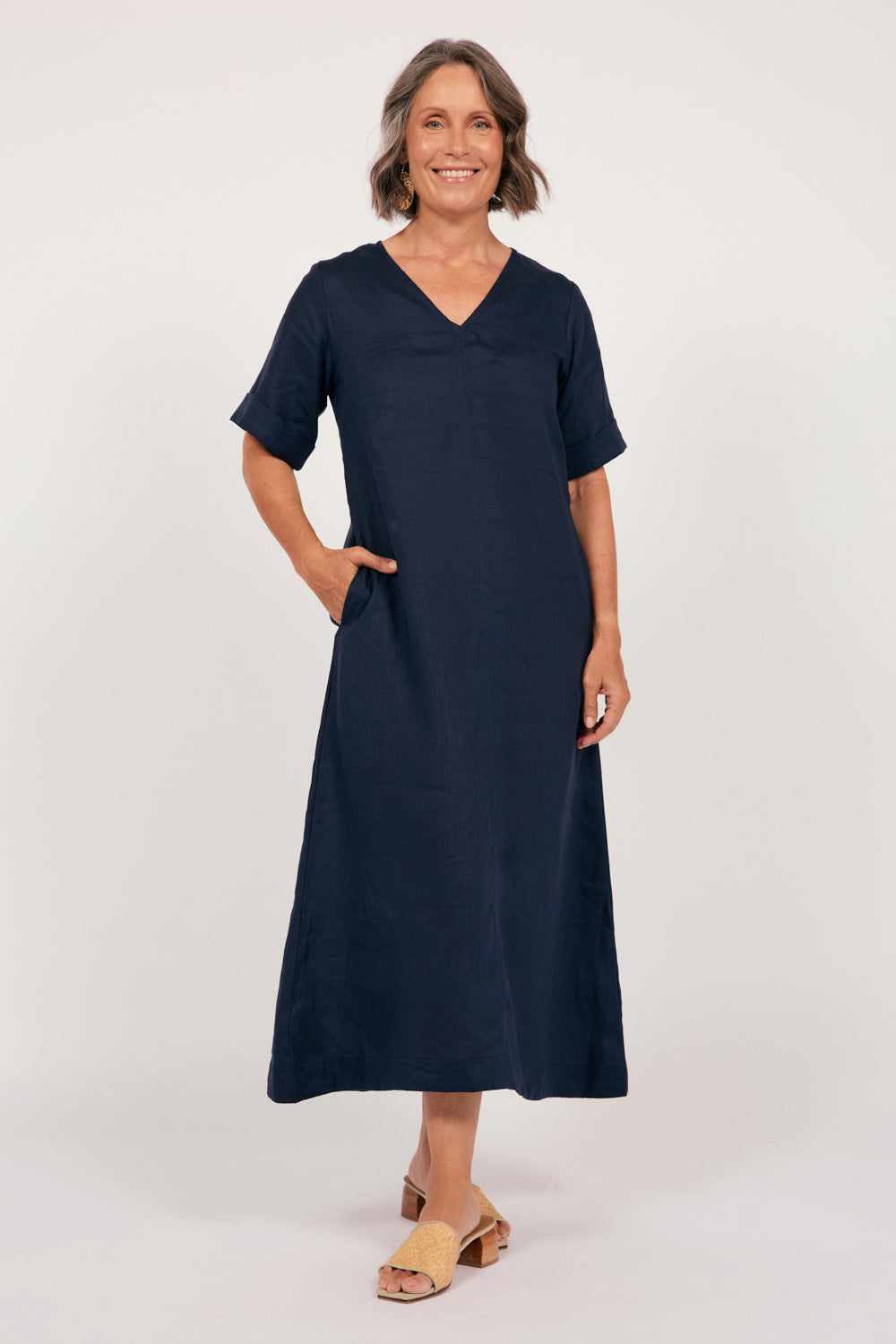 Tamara Linen V-Neck Dress in Navy, Midi Dress - Adrift Clothing