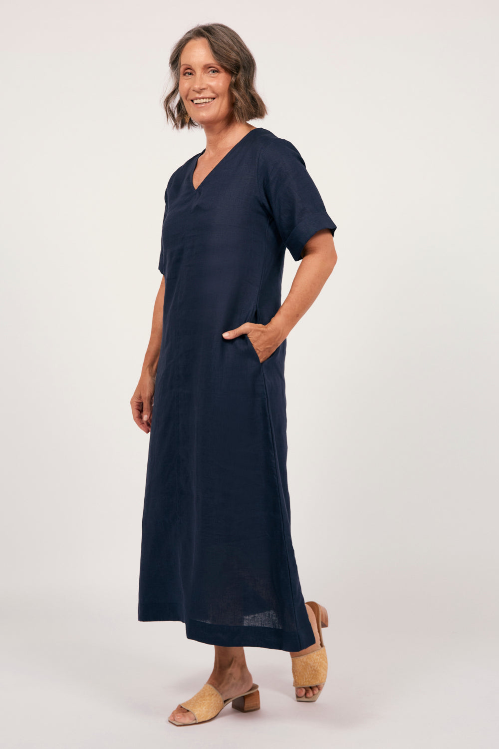 Tamara Linen V-Neck Dress in Navy, Midi Dress - Adrift Clothing