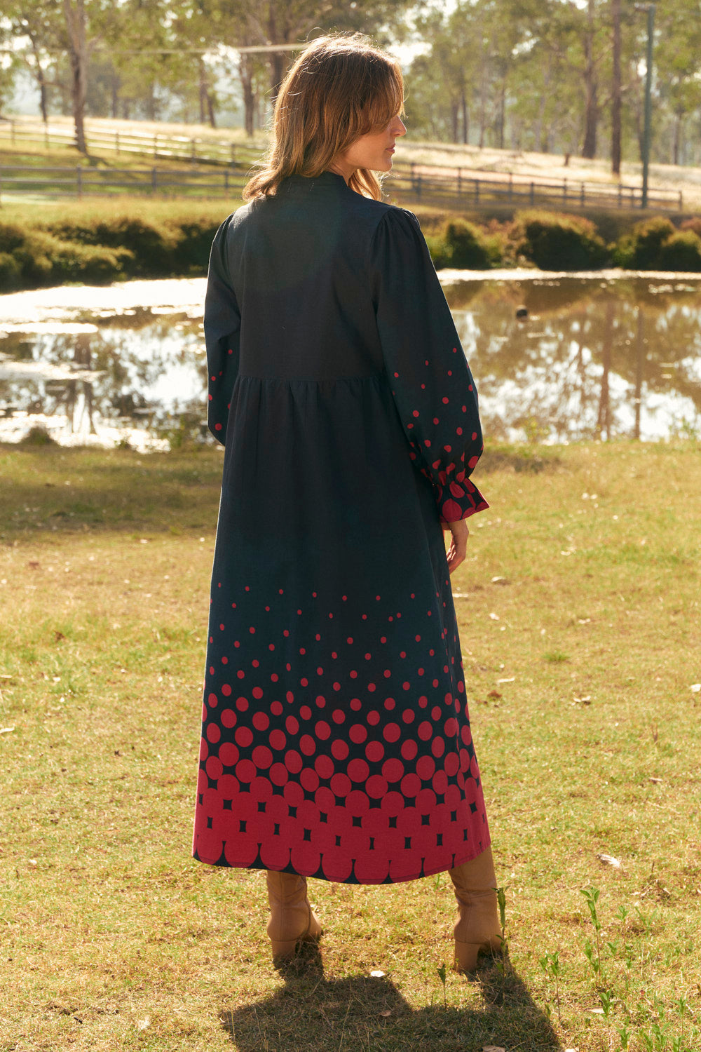 Tanya Gathered Dress in Ombre Orbit in 100% cotton poplin, designed in Brisbane Australia
