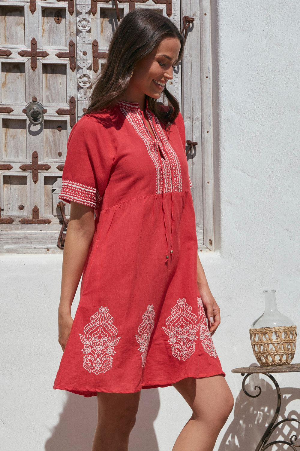 Tanya Short Embroidered Dress in Red