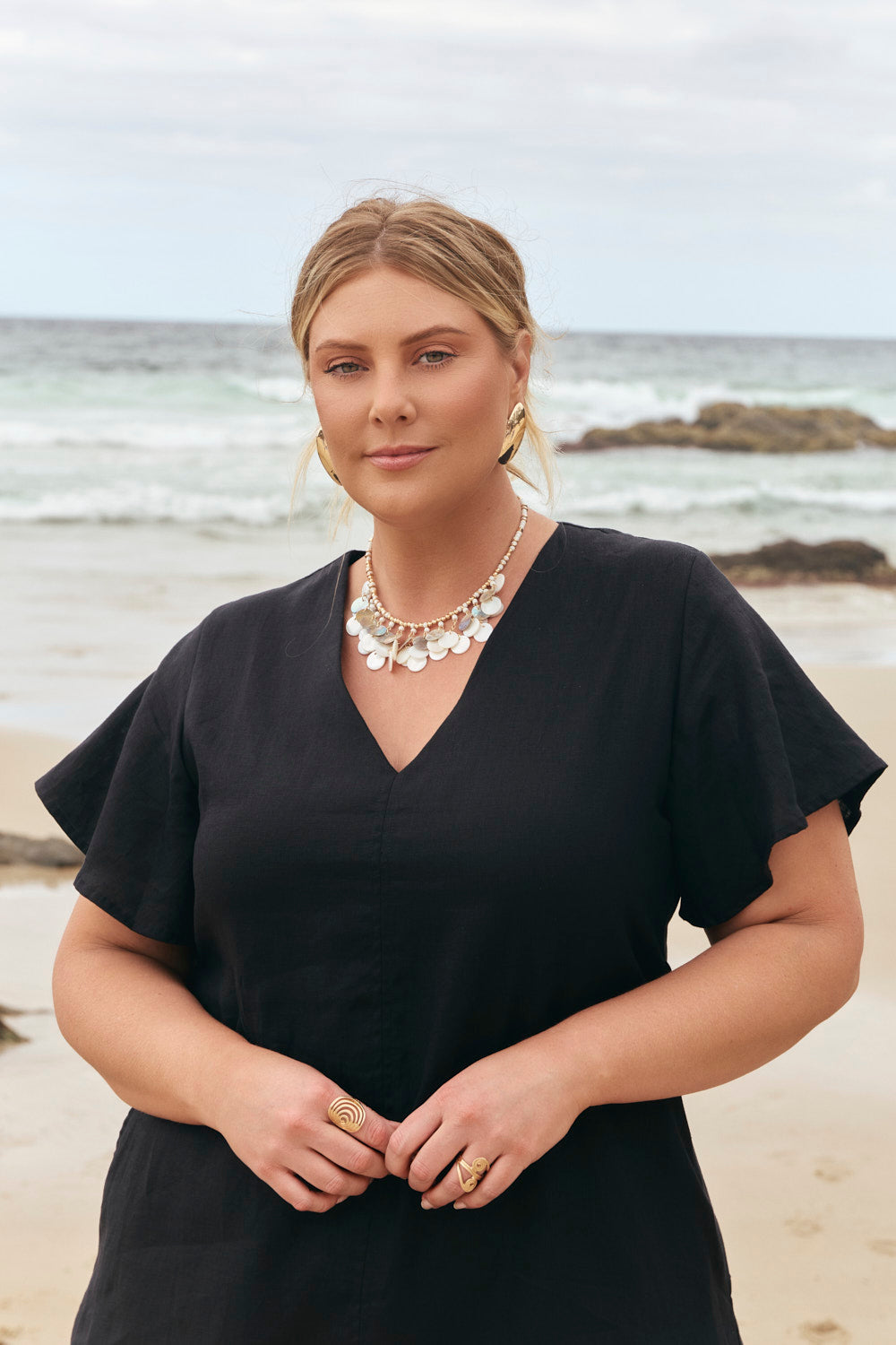 Tatum Linen Flutter Sleeve Dress in Black