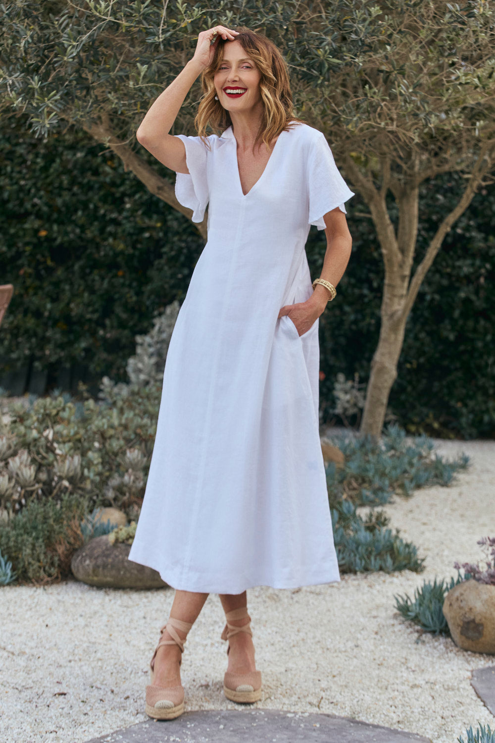 Tatum Linen Flutter Sleeve Dress in White, Maxi Dress - Adrift Clothing